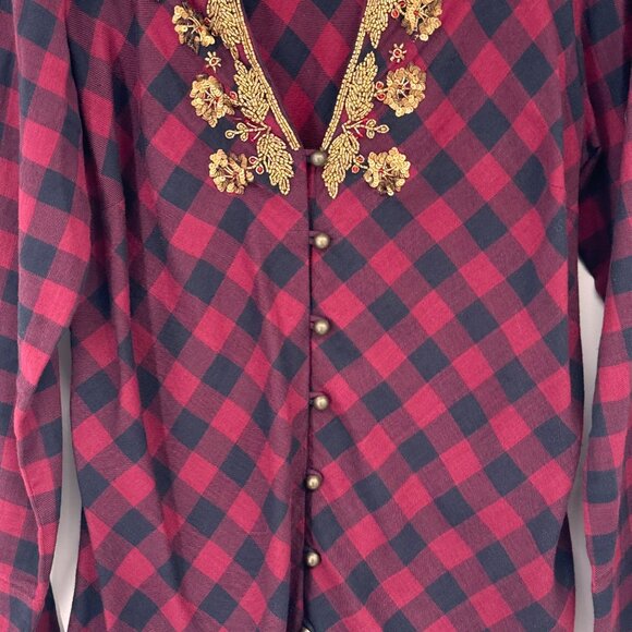 Soft Surroundings Plaid Tunic Top Gold beaded Long Sleeves Cotton red Sz Medium - Picture 5 of 13